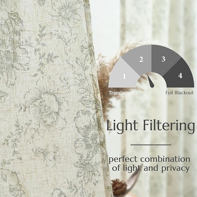jinchan Lined Linen Blend Curtain Floral Curtains for Living Room 90 Inches Long Christmas Green Peony Flower Printed Curtain Back Tab Farmhouse Patterned Drapes Bedroom Curtains Set 2 Panels
