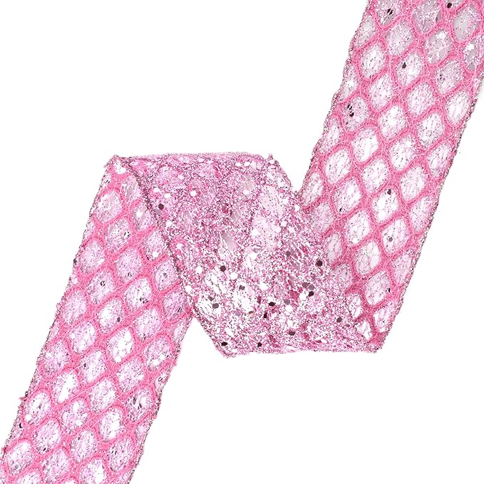 VATIN 2-1/2" Pink Christmas Ribbon, Pink Glitter Mesh Diamond Web Sequin Dots Wired Christmas Ribbon for Gift Wrapping Bow Making Wreath Supply-10 Yards