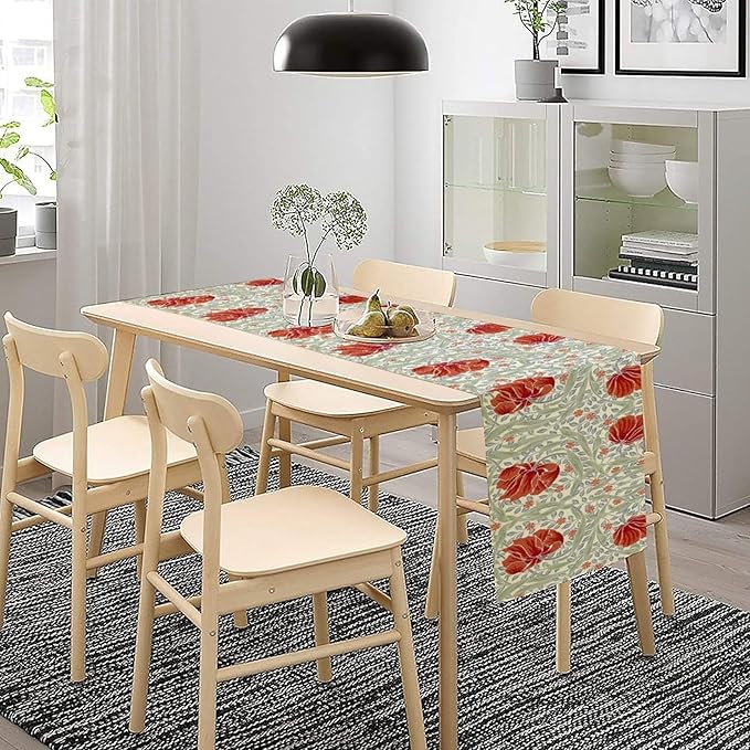 William Morris Table Runner, Retro Red Flowers Green Botanical Country Farmhouse Tabletop Decoration for Kitchen Dining Home Party 13x70 Inch