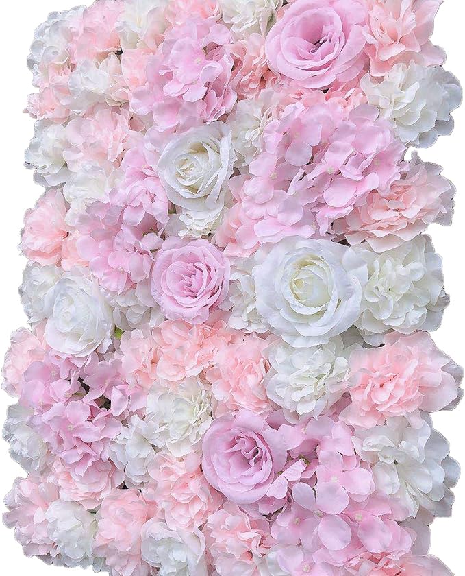 16"x 24" Artificial Flower Wall Panels,Flower Wall Mat Silk Flower Panels for Outdoor Garden Backyard Fence Fence Privacy Screen and Indoor Wall Decor (12Pcs Light Pink+White)