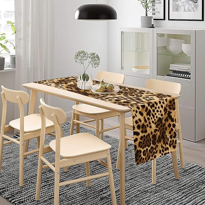 Leopard Skin Print Table Runner, Vintage Cottage Country Farmhouse Wildlife Safari Animal Skin Dinner Runner for Home Kitchen Dining Table Party Holiday Decor 13x90in