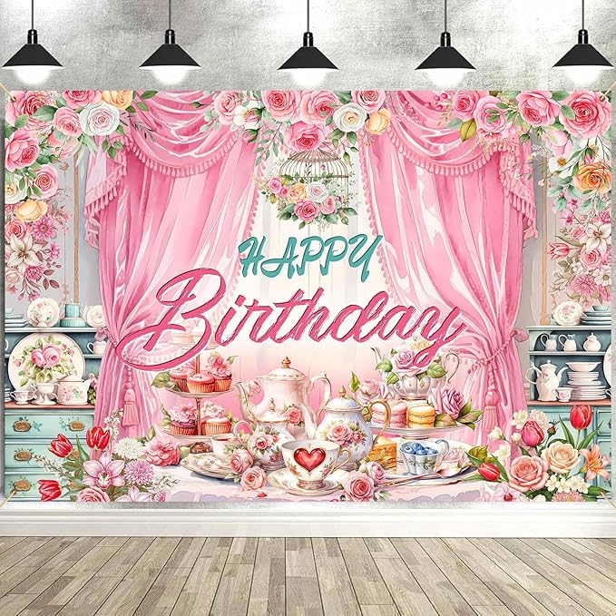 Tea Party Backdrop Let's Partea Happy Birthday Photography Background Wonderland Pink Rose Floral Teapot Women Tea Party Decor Banner Portrait Photo Booth Studio Props 9x6ft FU084YL