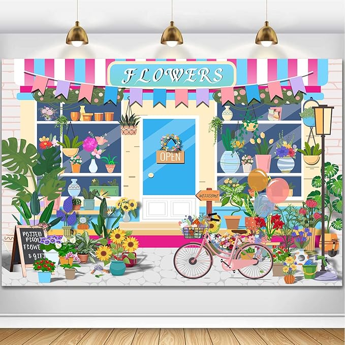 HANYING 10x7ft Cartoon Flower Shop Photo Backdrop Floral Pot Plants Gardening Bicycle Photo Background Gifts Florists Baby Girls Birthday Bridal Shower Party Decorations Supplies HY030DX
