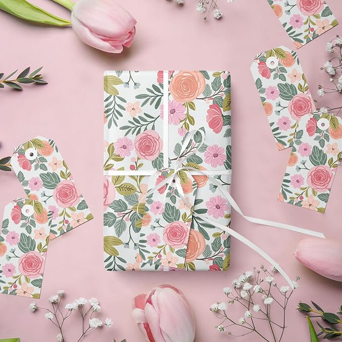 LeZakaa Floral Wrapping Paper Roll, Pink Rose, Flowers & Green Leaves Party Gift Wrap for Wedding, Bridal Shower, Anniversary, Mother's Day, Birthday, 17 inches x 16.4 Feet (23.2 sq.ft.)