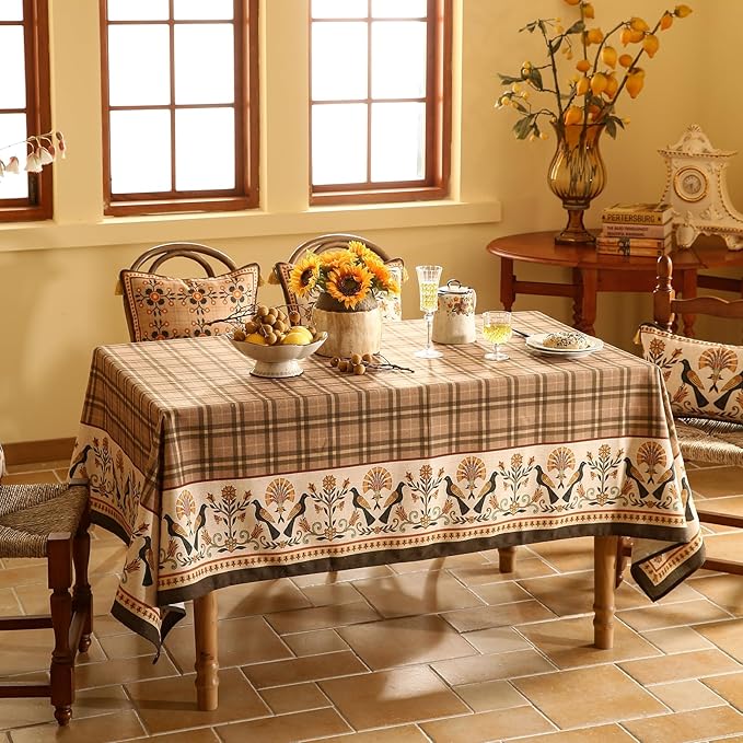 Vintage Brown Checkered Rectangle Tablecloth,Italian Floral Linen Wrinkle Resistant Table Cloth,Decor Table Cover for Kitchen,Dining,Thanksgiving,Christmas,Tea Party,63"*87"-Seville