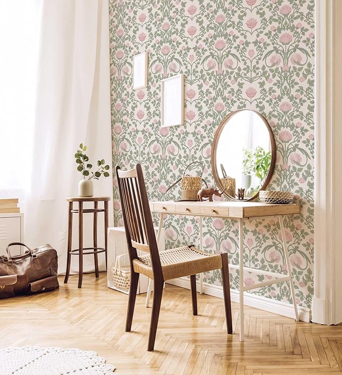 Floral Wallpaper Peel and Stick 236.2" × 17.3", Pink Contact Paper Self Adhesive Wallpaper for Bedroom Shelf Drawer Liner