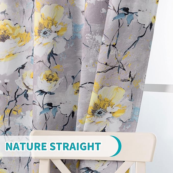 MYSKY HOME Yellow Curtains for Living Room Light Blocking Drapes 90 inches Long 2 Panels Half-Blackout Floral Curtains for Bedroom Window Treatment Grommet, Grey and Yellow