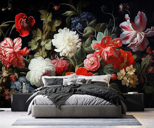 PYFFYP- Dark Floral Wallpaper Peony Wall murals for Bedroom(Not Peel and Stick)