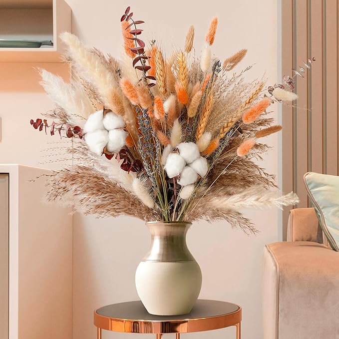 Fall Dried Flower Bouquet – Boho Fall Decor with Pampas Grass, Cotton, and Orange Bunny Tails – Autumn Floral Arrangement for Home, Mantel, or Vase – Fall Decorations for Home Indoor & Porch