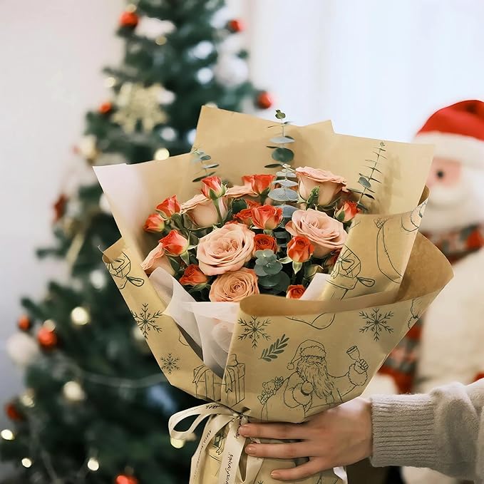 LeZakaa 20 Sheets Kraft Christmas Flower Wrapping Paper, Green Santa Sketch on Kraft Floral Bouquet Paper Gift Wrap for Christmas, Winter Holiday Party Packaging
