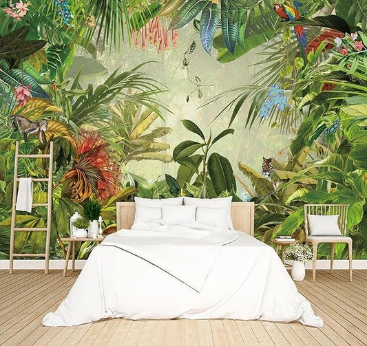 Tropical Botanical Animal Floral Bird Wallpaper Woodland Forest Tree Nursery Kids Bedroom Plant murals Living Room tv Background Large Wall Mural - 91"x65" Not Peel and Stick