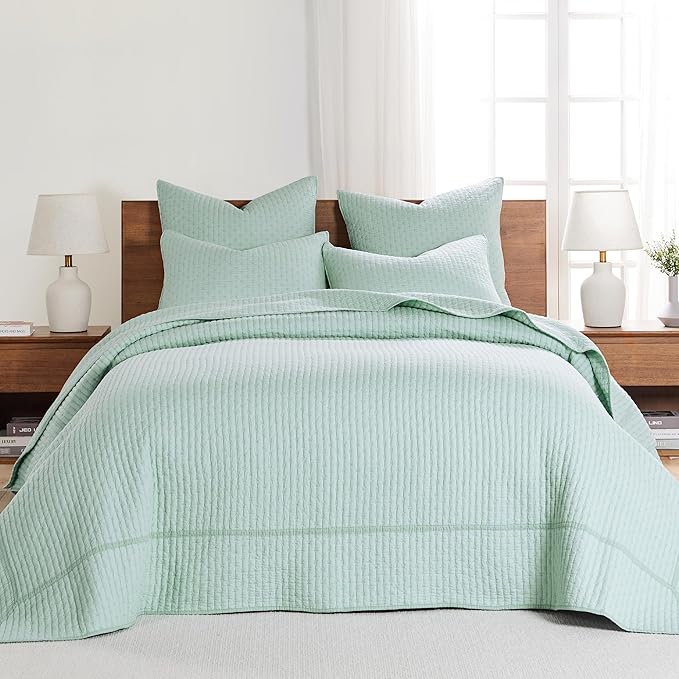 Levtex Home Cross Stitch Reversible Full Bedspread Set (100x104in) with 2 Pillow Shams (26x20in) - Stitch Texture - Blue Haze - Cotton Full Size Bedspread Set - Lightweight, Soft, Pre-Washed
