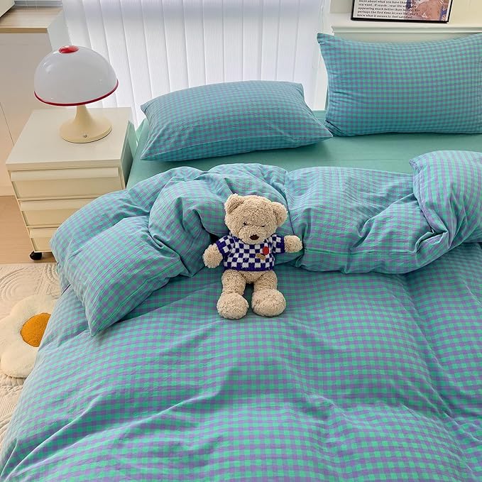 LifeTB Queen Comforter Set Green Gingham Bedding Comforter 3 Pieces Checkered Pattern Comforter Set Green Purple Plaid Grid Bed Comforter with 2 Pillowcases Fluffy Soft Gingham Bedding Set Queen Size