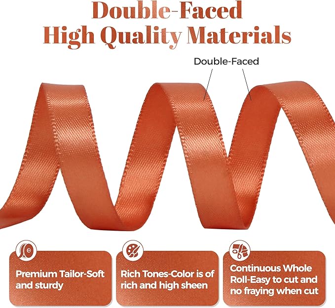 Copper Satin Ribbon, Double Faced 3/8 Inch X 50 Yards Copper Ribbon, Premium Satin Ribbon for Gift Wrapping, Crafts, Hair Bow Making, Sewing, Flower Bouquet, Wedding Party Decor