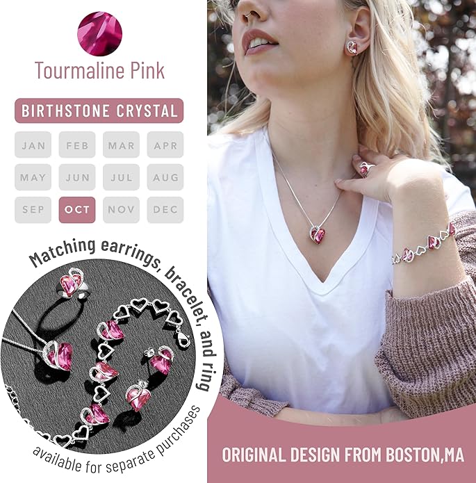 Leafael Necklaces for Women, Infinity Love Birthstone Heart Crystal Pendant, Birthday Jewelry Gifts for Her, Mom, and Wife, Silver Plated, 18 plus 2 inch Adjustable Chain