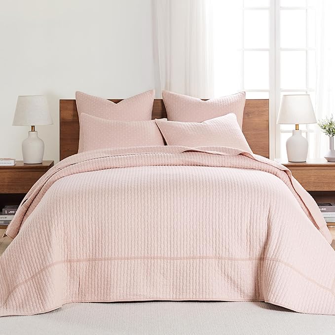 Levtex Home Cross Stitch Reversible Twin Bedspread Set (84x104in) with 1 Pillow Sham (26x20in) - Stitch Texture - Blush - Cotton Twin Size Bedspread Set - Lightweight, Soft, Pre-Washed