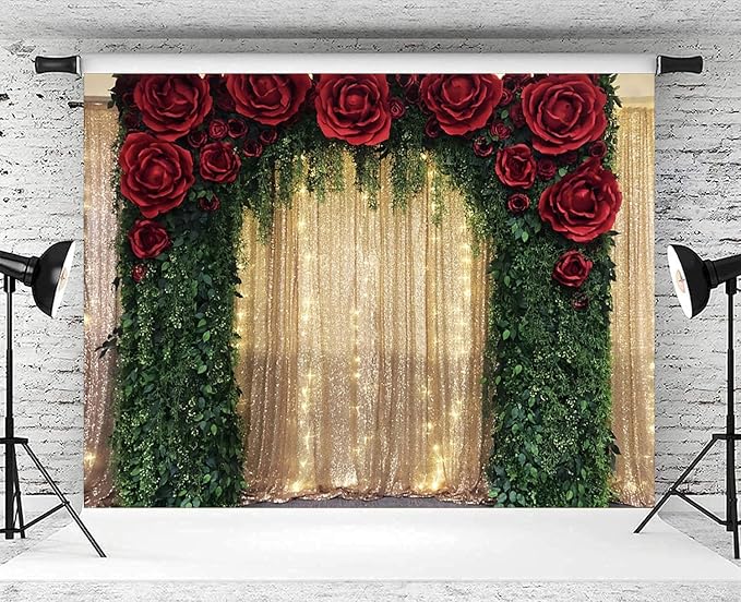 5x4ft Wedding Backdrop Red Rose Flowers Gold Sequin Wall Greenery Leaves Photography Background Bridal Wedding Party Banner Decorations Supplies Photo Booth Props
