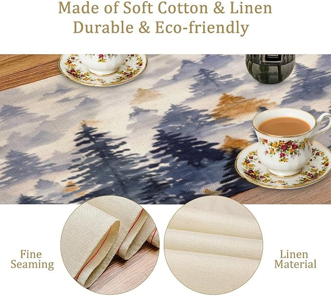 Watercolor Blue Pine Trees Table Runner, Forest Woodland Tabletop Scarf Home Kitchen Holiday Decor, Seasonal Farmhouse Rustic Dining Decorations Party Supply 13 X 90 Inch