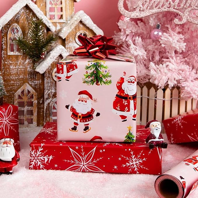 MAYPLUSS Christmas Wrapping Paper Roll - 17 Inch X 33 Feet - Cute Santa Claus Christmas Tree Reversible Strip Gift Wrapping Paper, Thick Wrap Paper for Holiday Party New Year Kids