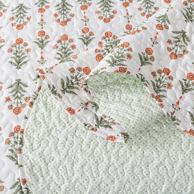 Travan 3-Piece Quilt Set Quilted Bedspread Lightweight Coverlet Set Garden Style Floral Printed Oversized Quilted Bedding Set for All Season, Orange Mirror, Queen Size