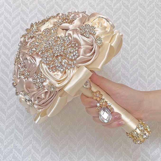 Handmade Satin Rose Floral Bling Pearl Decor Bridal Wedding Bouquet Rhinestone Pendant Artificial Brooch Flowers for Bride Bridesmaid Quinceanera