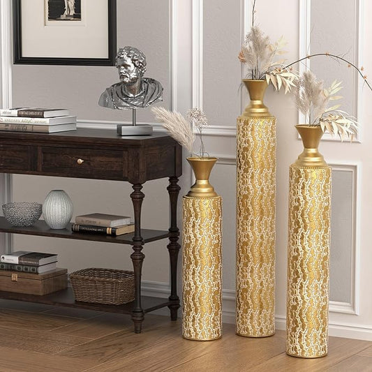 Modern Vintage Floor Vase Set: Oversized Tall Vases in Gold for Living Room Decor