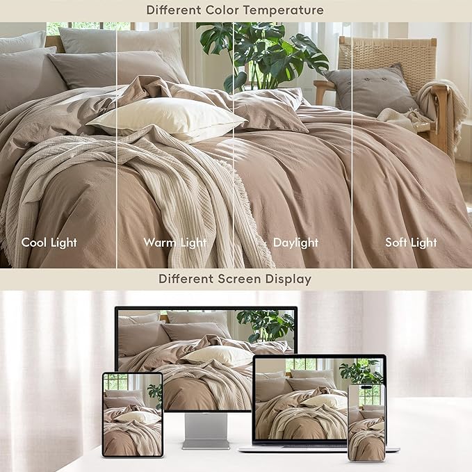 MooMee Bedding Duvet Cover Set 100% Washed Cotton Linen Like Textured Breathable Durable Soft Comfy (Solid Brown, Palatial King/Oversized King 120"x98")