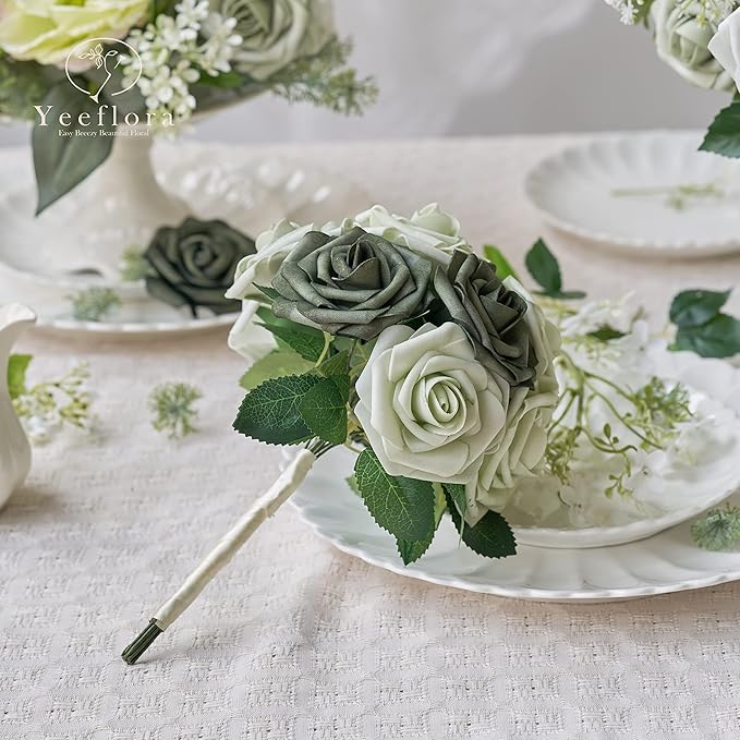 Artificial Flowers, 50pcs Realistic Rose for DIY Wedding Bouquets Centerpieces Arrangements, Sage Green Foam Flowers with Stem Bridal Shower Party Home Decorations
