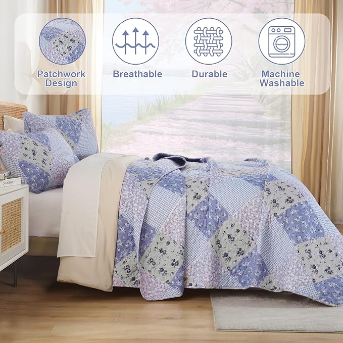Dinjoy Lavender Quilt Set Queen Size, Reversible Floral Plaid Patchwork Pattern Bedding Set Soft Microfiber Lightweight Bedspread Coverlet 3 Piece Spring Summer Use (90x96inches)