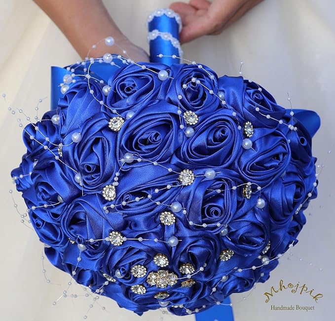 Bridal Wedding Bouquet Round Bling Brooch Bouquet Throw Toss Artificial Rose Flower Bunch for Bride Bridesmaid Wedding Quinceanera(Royal Blue, 9.8")