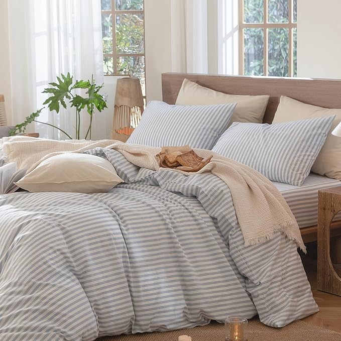 MooMee Striped Duvet Cover Set 100% Washed Cotton Linen Like Textured Breathable Durable Soft Comfy (Cornflower Blue White Classic Stripes, Super King 108"x98")