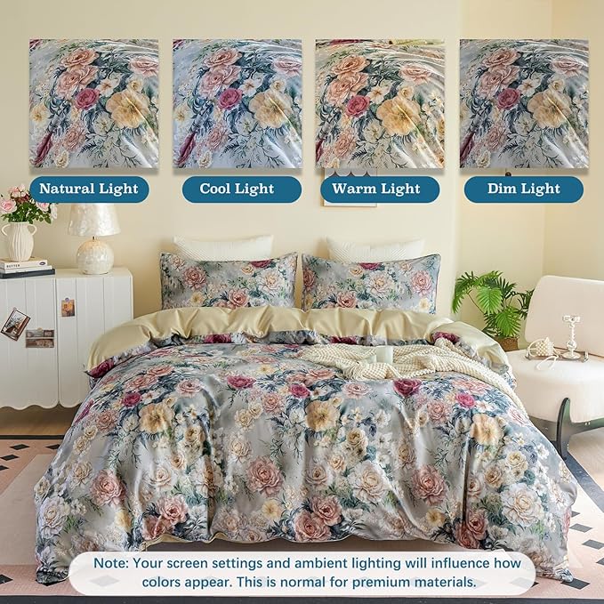 Blue Floral Duvet Cover Set 100% Percale Cotton King Size Shabby Vintage Chic Penoy Patterned Comforter Covers with Zipper，Soft & Breathable French Country Bedding 3Pcs-Not Comforter