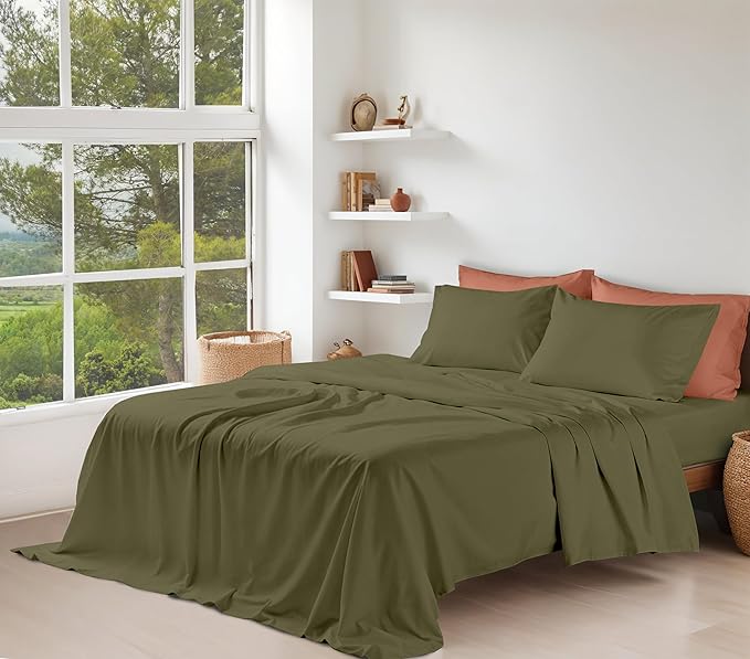 RUVANTI 100% Organic Cotton Sheets Full Size, Percale Weave, GOTS Certified, 4-Piece Set, Deep Pocket 15", Crisp & Breathable, Soft Durable Bedding, Sábanas Algodón Orgánico – Olive