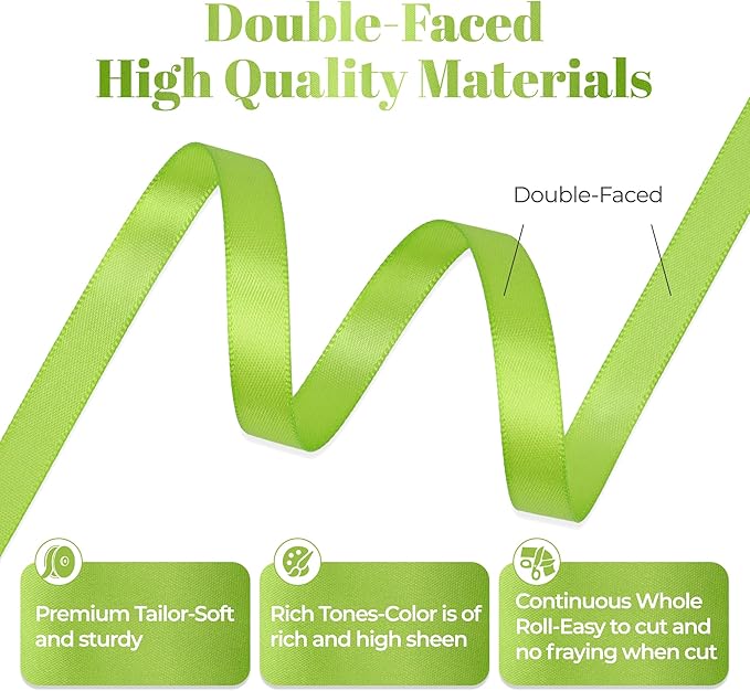 Apple Green Satin Ribbon, Double Faced 3/8 Inch X 50 Yards Apple Green Ribbon, Solid Color Fabric Rolls for Gift Wrapping, Crafts, Hair Bow Making, Sewing, Flower Bouquet, Wedding Party Decor