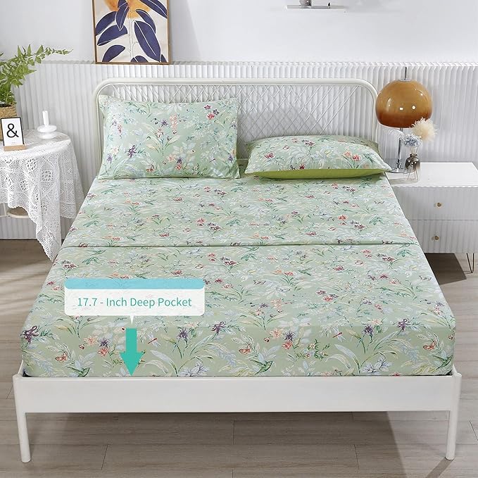 RYNGHIPY Shabby Flowers Print Bed Sheet Collections Egyptian Cotton Garden Floral Sheets (Green Floral,Full Size)