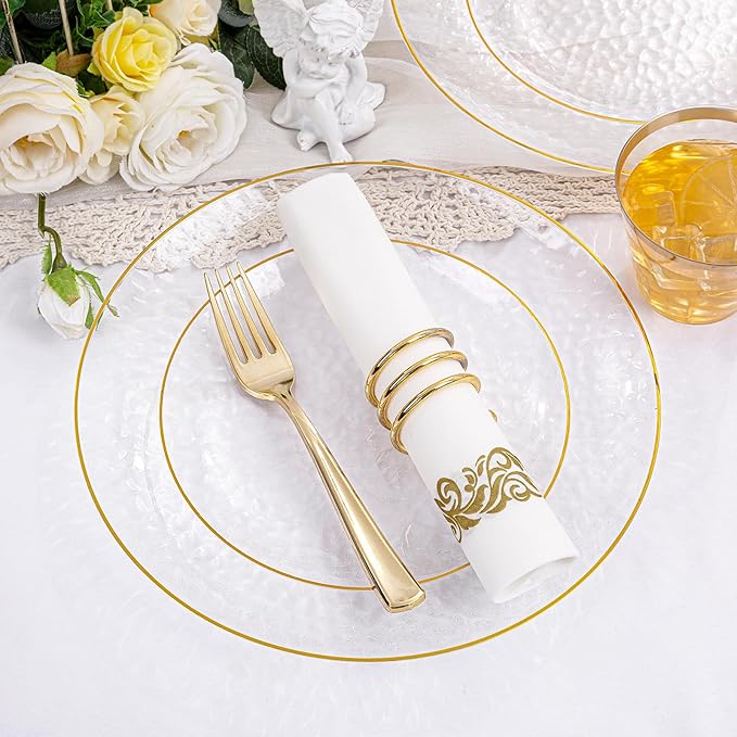 Rubtlamp 175 Pcs Plastic Dinnerware Set (25 Guests), Clear And Gold Plastic Plates, Hammered Party Plates Include Dinner Platos, Dessert Platos, Cups, Gold Cutlery Set And Napkins for Christmas