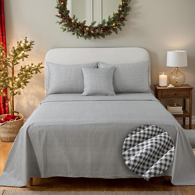 FADFAY Black Plaid Twin Size Sheets 100% Cotton Geometric Checker Bedding Teens Grid White Gingham Pattern College Bedding Deep Pocket Sheets with 2 Pillowcases Ultra Soft 4pcs, Twin Size