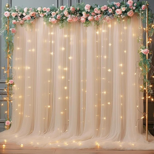 10x8ft Champagne Tulle Backdrop Curtain with Lights String for Parites, Sheer Backdrop Curtains for Wedding Baby Shower Birthday Party Photo Shoot Decorations