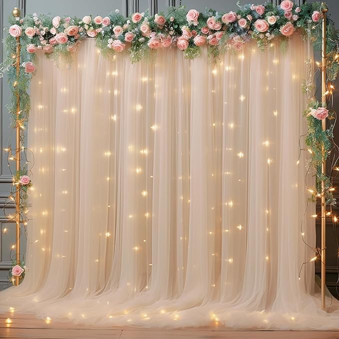 10x10ft Champagne Tulle Backdrop Curtain with Lights String for Parites, Sheer Backdrop Curtains for Wedding Baby Shower Birthday Party Photo Shoot Decorations