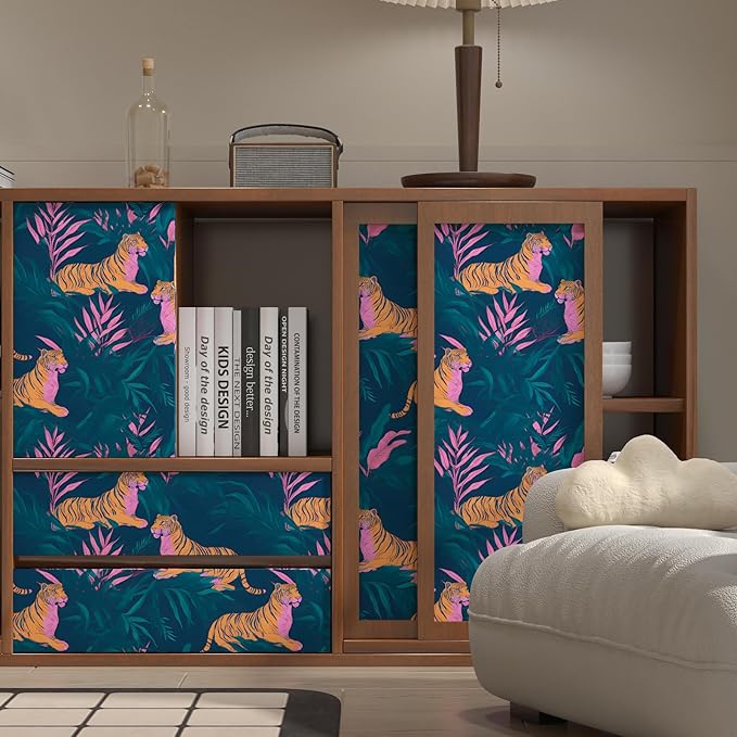 Tiger Wallpaper Peel and Stick Tropical Contact Paper Jungle Animal Boho Vintage Renter Friendly Wall Paper for Drawer Wall Countertop Cabinet Removable 17.5 x 118In