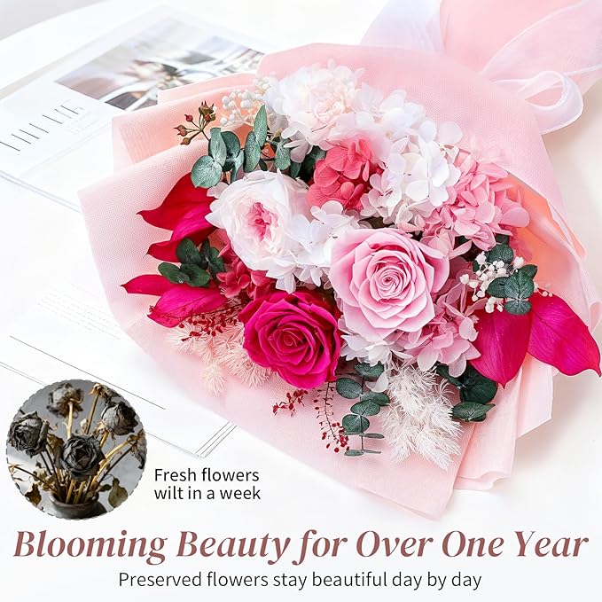 Lewondr Flower for Delivery, Preserved Flowers Bouquet, Pink Roses Bouquet, Real Long-Lasting Forever Birthday Flowers Gifts for Mom Women Wife Grandma Her Mothers Day Anniversary, Light Rose