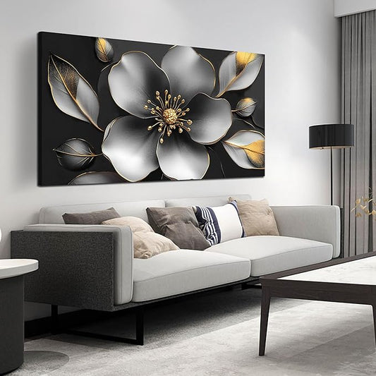Large Canvas Wall Art for Living Room Bedroom Home Office Grey Metal Color Flower Picture Modern Canvas Prints Framed Wall Decor Size 29x59