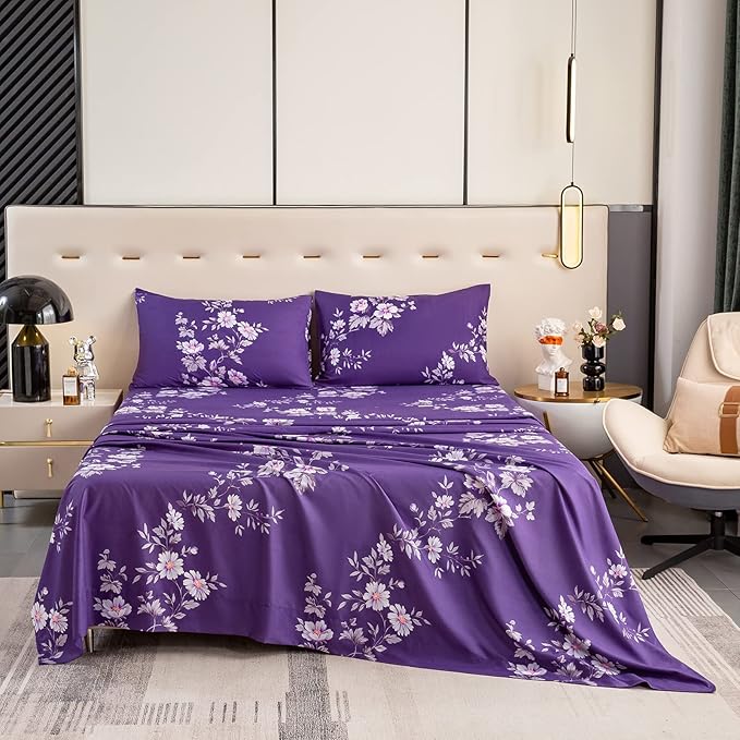 Bedlifes Queen Sheet Set Ultra Soft, Breathable, Silky Flower Deep Pocket 100% Microfiber Bedding, 4 Piece Queen Size Dark Purple Floral