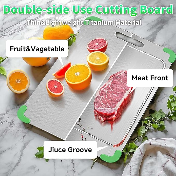 100% Pure Titanium Cutting Board with Grooves, Update Double Side Titanium Chopping Board, Silicone Anti-slip Stainless Cutting Boards for Kitchen 11 * 15 IN, Green