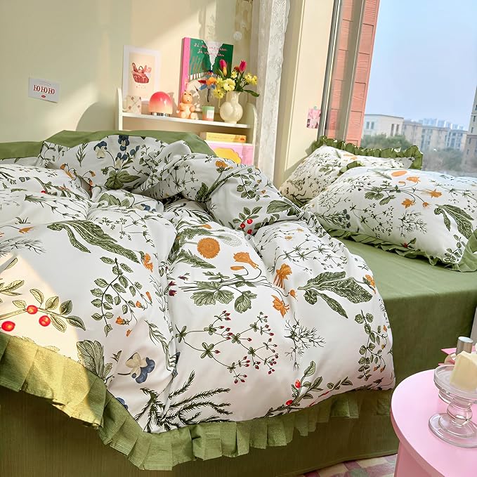 LifeTB Botanical Flower Comforter Set Full Vintage Green Floral Bedding Comforter with Elegant Ruffles Reversible Boho Floral Bedding Set Fluffy Princess Lace Ruffle Comforter Set for Kids Teen Girls