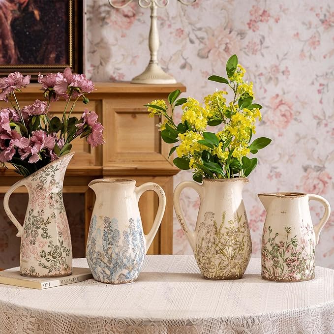 Vintage Ceramic Pitcher Vase with Handle, Farmhouse Green and Purple Large Floral Vases, French Country Decorative Vase, Rustic Table Centerpiece for Home Decor, Bookshelf, Office 7.3 Inch