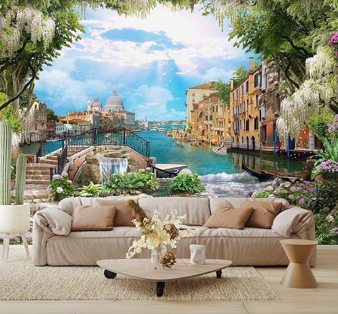 Venice Garden Wallpaper River Flower Ancient City Wall Mural for Bedroom Living Room (Not Self-Adhesive)