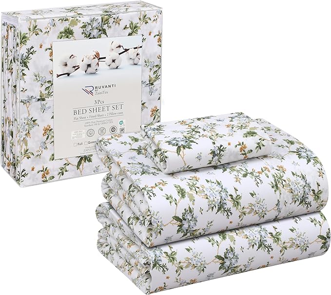 RUVANTI 100% Cotton Twin XL Sheet Sets, 3 Pieces, Soft & Breathable Percale Weave Bedding, Deep Pocket 16", Hotel Standard, Crisp Cool Feel, Durable, Perfect Size Floral Sheets, Heritage