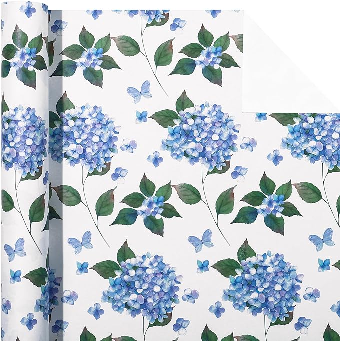 WRAPAHOLIC 30 Inch Kraft Hydrangea Floral Wrapping Paper Roll - 30 Inch x 33 Feet - Hydrangea Flower Wrapping Paper for Wedding, Birthday, Bridal Shower, Tea Party