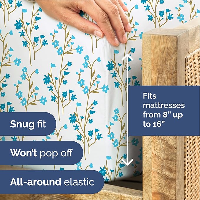 Floral Sheets - Blue Floral Bed Sheet Set - 1 Flat, 1 Fitted & 2 Pillowcases w/ Deep Pockets - Comfy, Wrinkle & Fade Free - Boho Botanical Bedding - Ultra-Soft, Breathable & Cooling - Queen Size Set